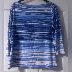 J. McLaughlin Blue and White Boat Neckline 3/4 Sleeved Top